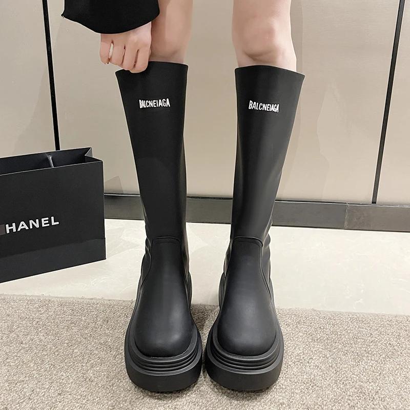 2024 Autumn New Vintage Long Boots Women's Petite Raised Heel Polyester Lining Rubber Upper Retro Style Boots For Ladies