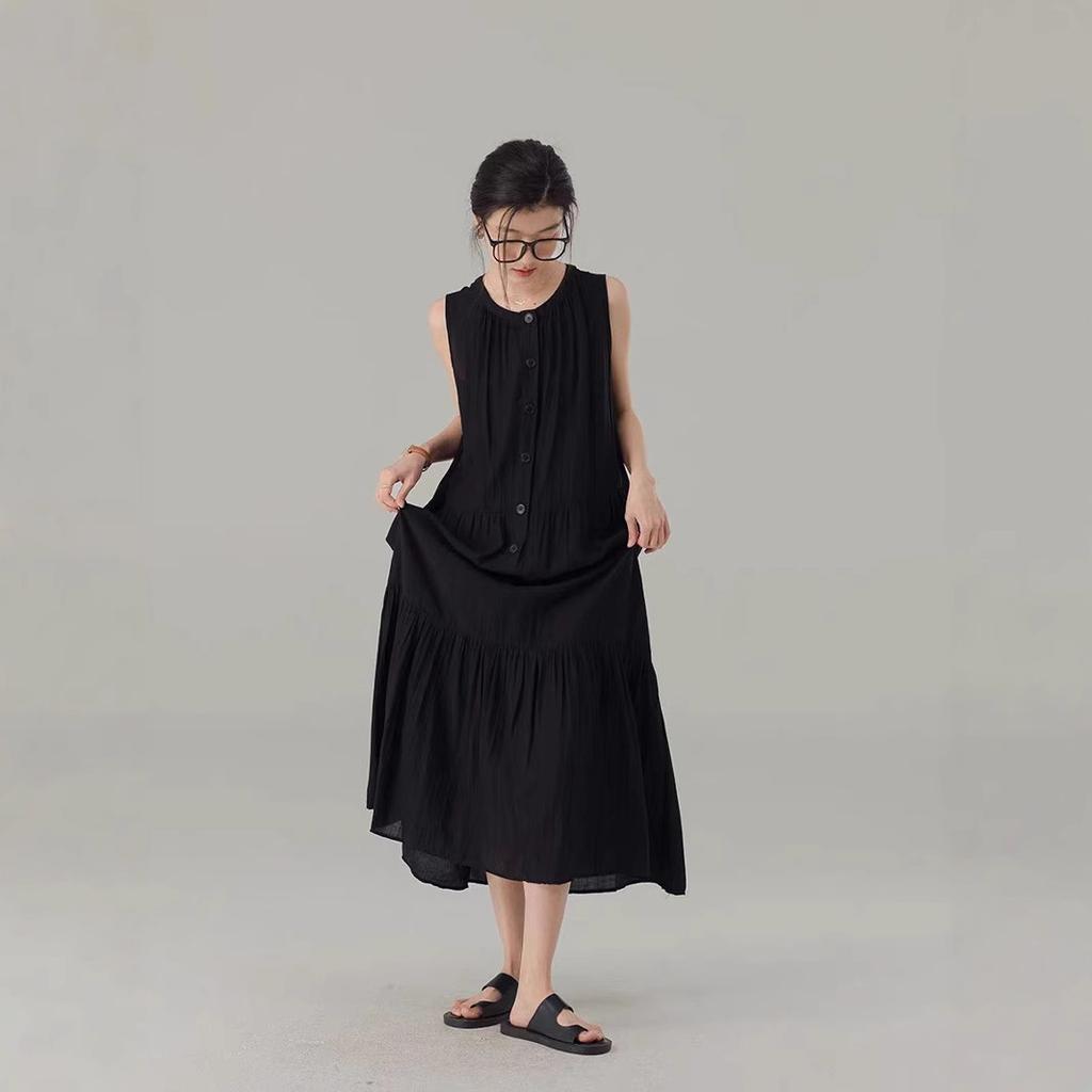 Black Lazy Wind Vest Skirt Women's 2025 Summer New Round Neck Sleeveless Loose A-word Skirt Casual Long Dress