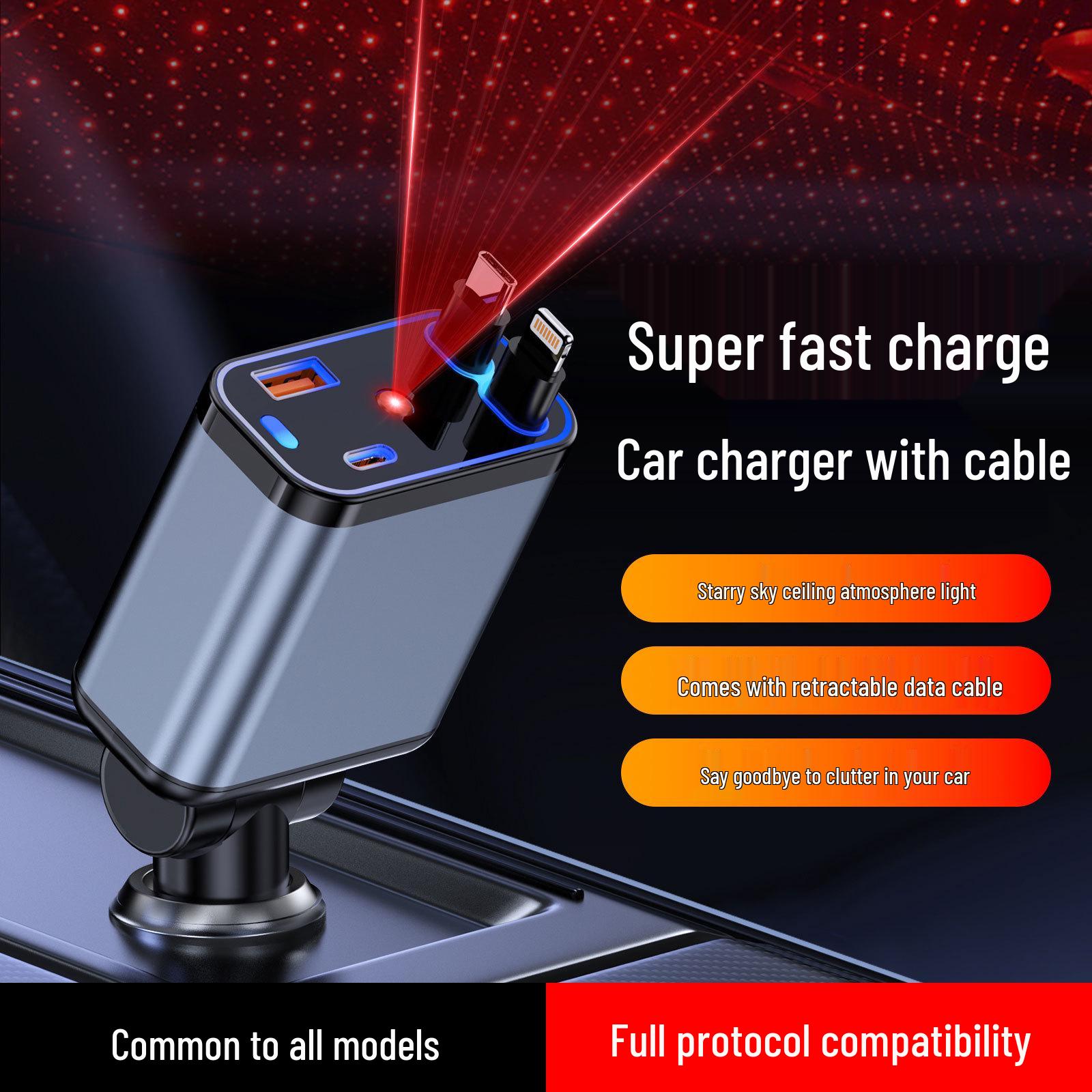 

Послепродажное металлическое автомобильное зарядное устройство, протокол 4-в-1, сверхбыстрая зарядка от прикуривателя мощностью 120 Вт.