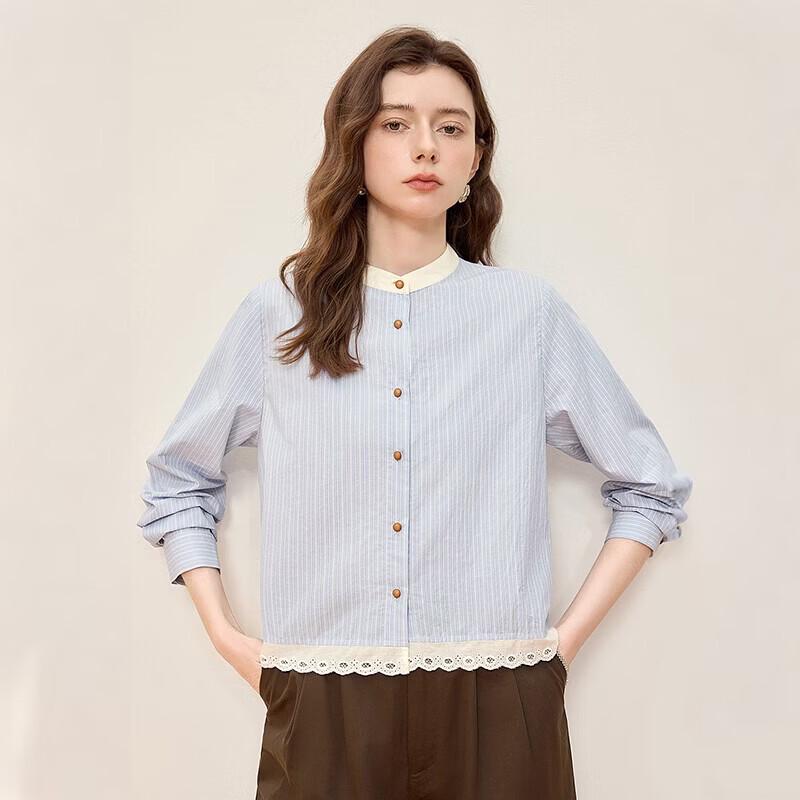 Shechi Sweet Heart Lace Patchwork Striped Blouse XL