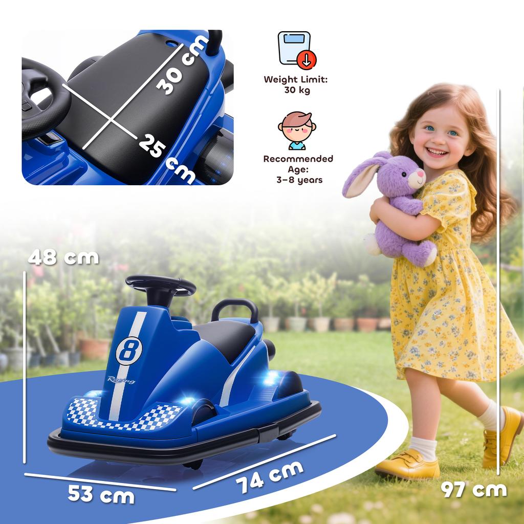 Kids Bumper Car, 360 degrees Rotation Spin Electric Waltzer Car with LED Lights, Music for Ages 3-8 Years Old, Blue