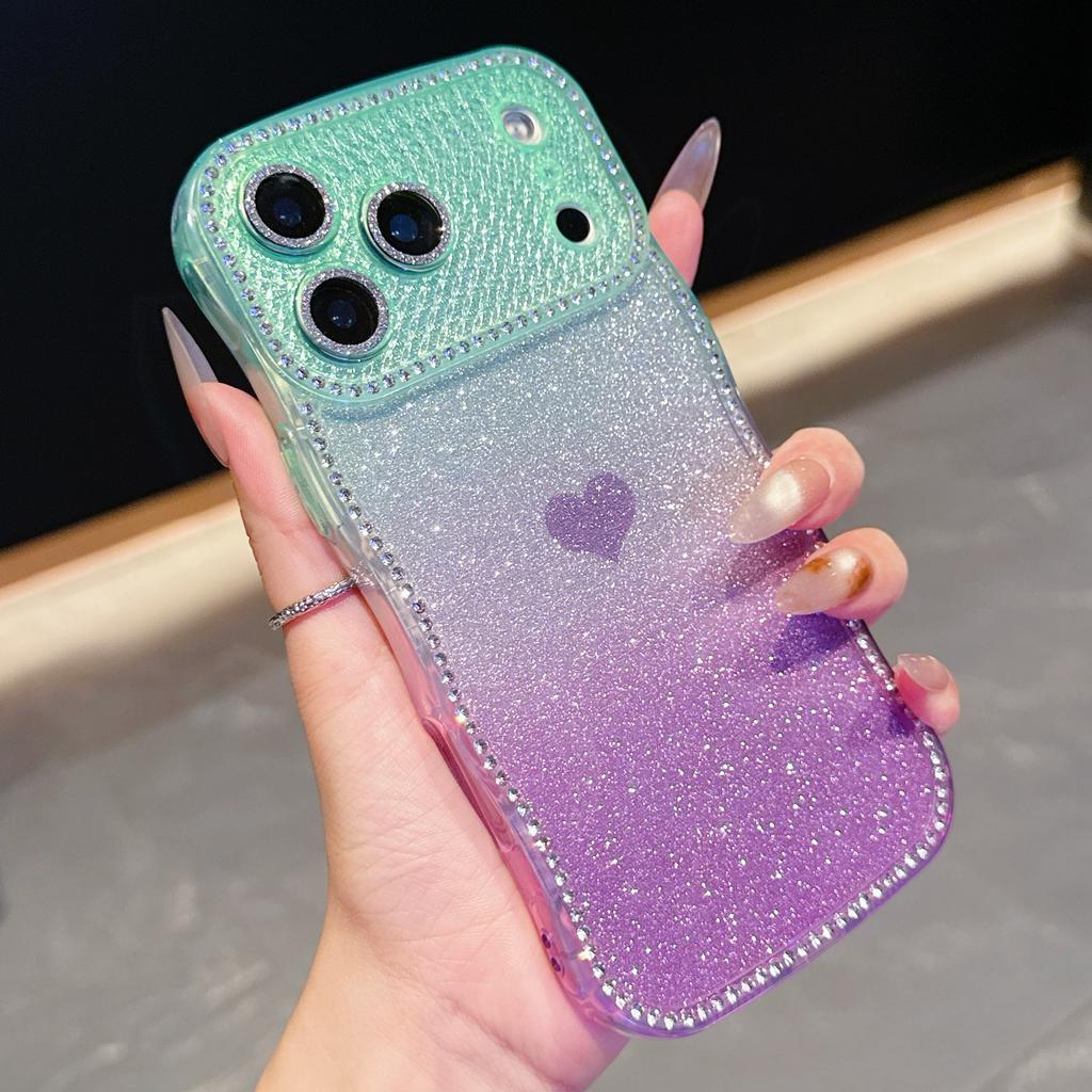 For iPhone 17 Pro Case Sparkle Rhinestone Decor TPU Phone Cover with Glitter Gradient Card