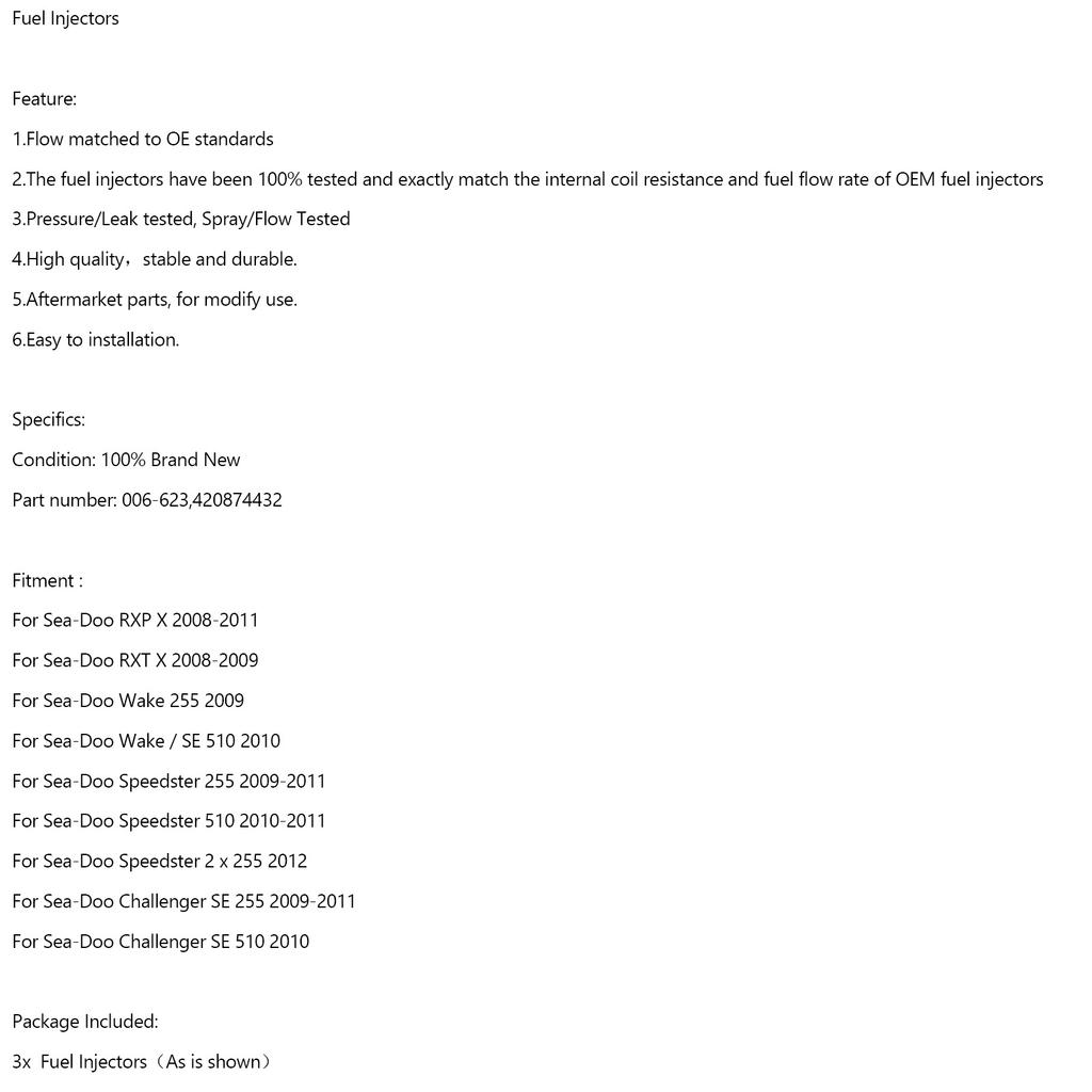3PCS 006-623 Fuel Injector 420874432 For Sea Doo Speedster RXP-X RXT-X 255 1503CC
