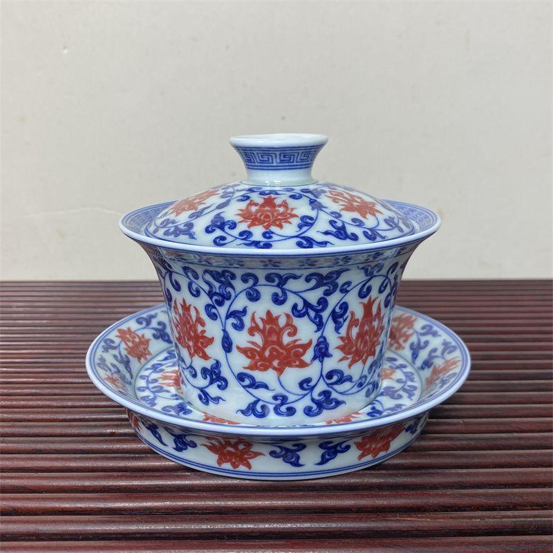 

150ml Blue and White Entwined Lotus Covered Bowl Chinese Three Talent Bowl Lid Hoverable Tea Bowl Large Capacity Tea Cup 150ml