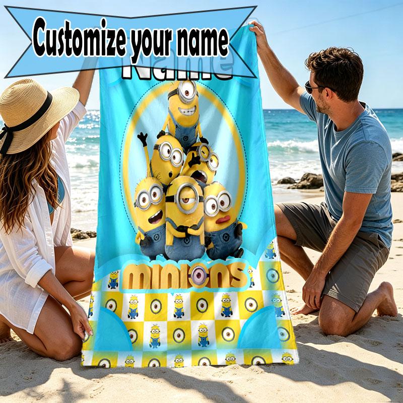 Custom Name Personalized Minions Print Beach Towel, for Trip Camping Beach Party Home Decor, Birthday Gift for Family & Friends