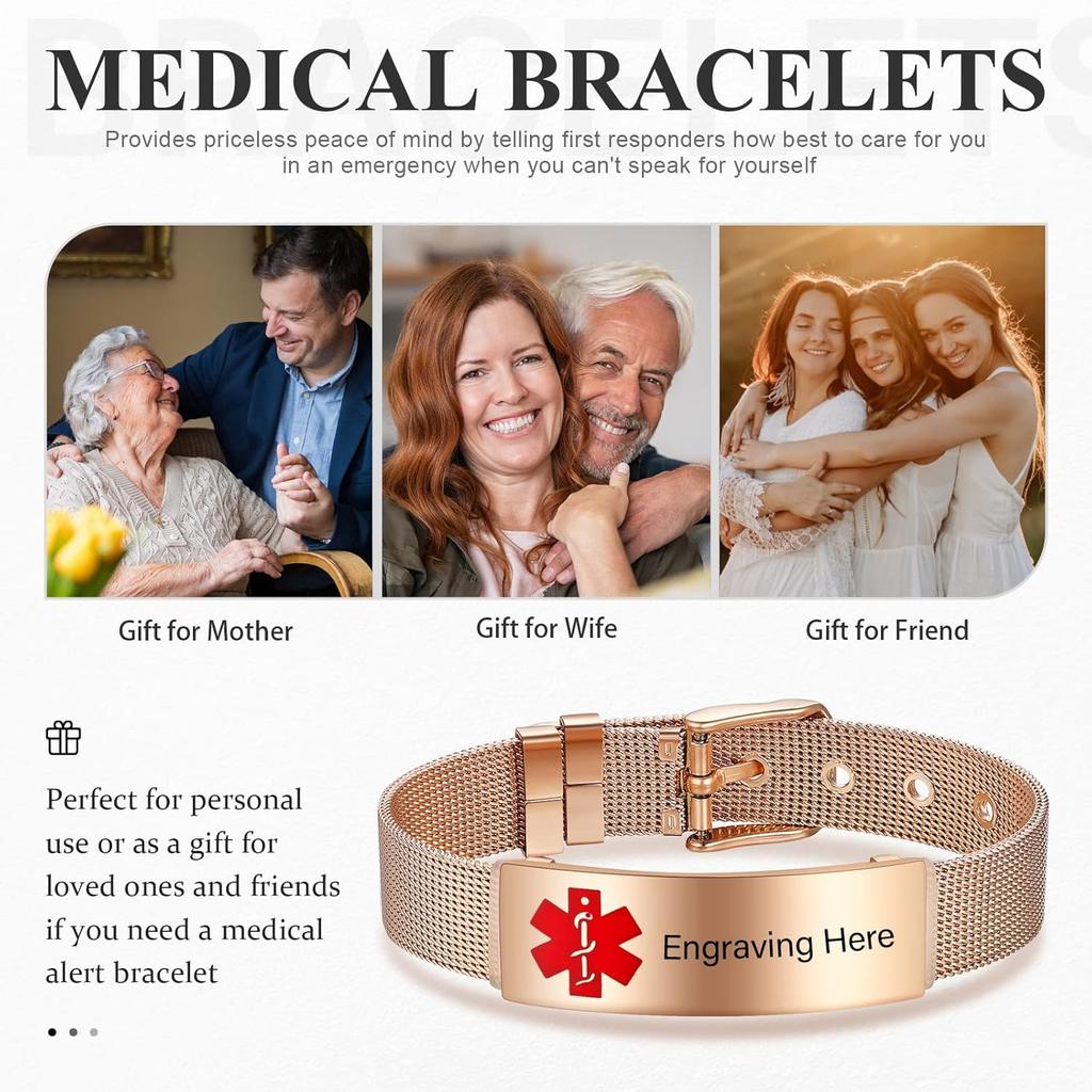 Nameinhea Custom Medical Alert Bracelets for Women Free Engraved Adjustable Stainless Steel Waterproof Emergency Medical ID Bracelets Allergy