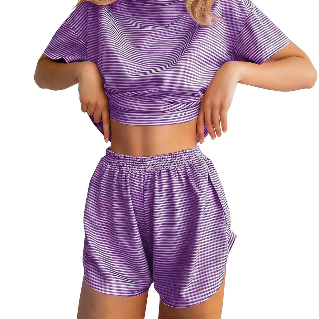 Pigiama da Donna a Maniche Corte Strisciato Stampato Due Pezzi Loungewear Scollo Pajamas Set Pantaloncini Spaccati Morbido Biancheria da Notte