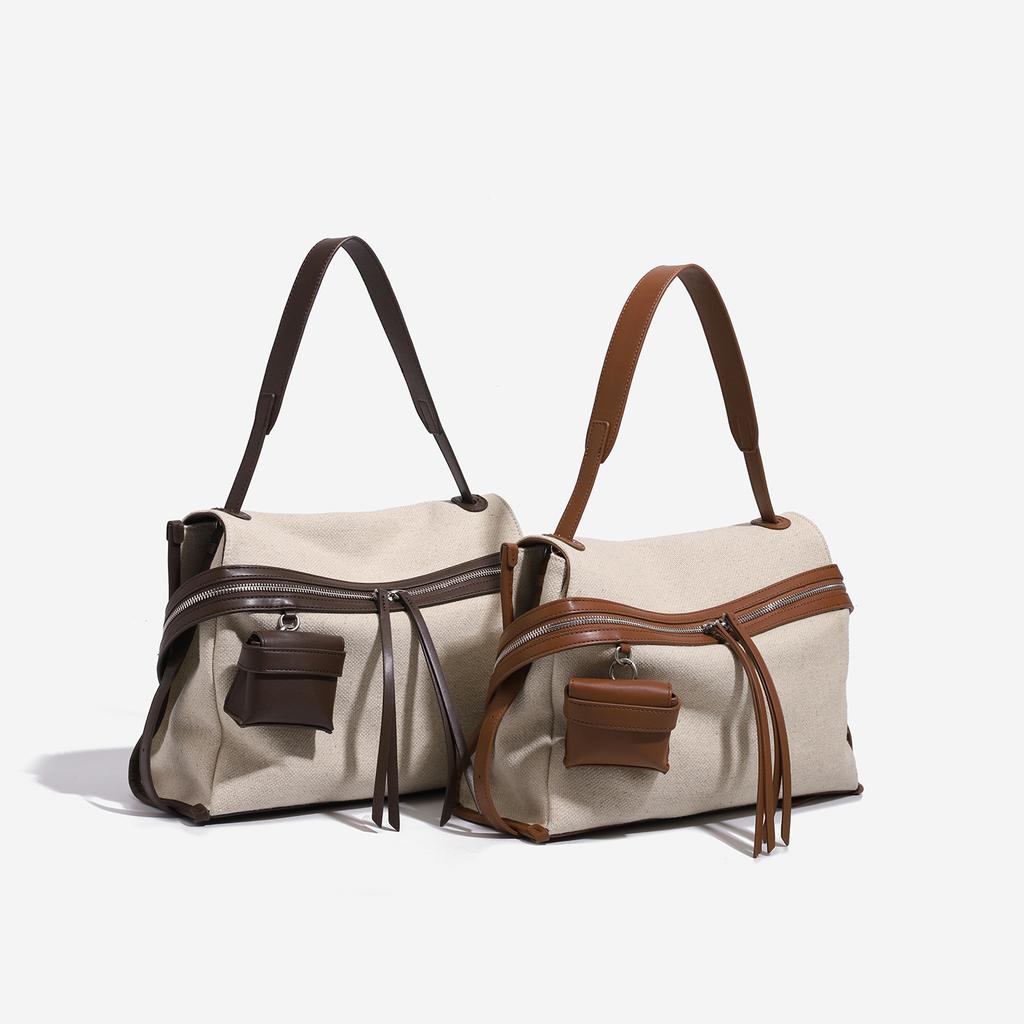 French Niche Design Cotton-linen Patchwork Messenger Bag for Women, Large-capacity Canvas Tote Bag for Commuting, Shoulder and Crossbody Bag, New
