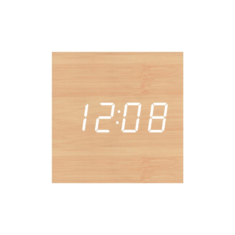 2022 Tabletop Temperature Time Display Electronic Wooden LED Digital Pixel Wireless Alarm Table Clock with Sound Control