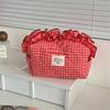 Lace Plaid Quilted Makeup Bag, Multifunctional Portable Makeup Bag, Travel Storage Bag, Cute Ruffle Makeup Bag