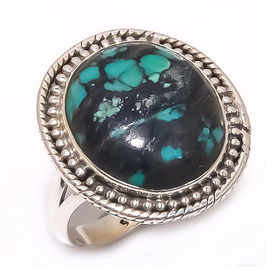 Natural Tibetan Turquoise Gemstone 925 Solid Sterling Silver Ring Size 8.5 G5u84
