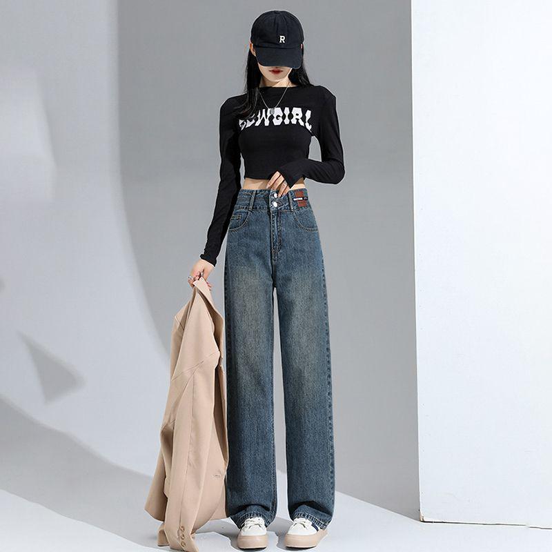 Retro High-Waisted Slimming Straight-Leg Women's Jeans - Spring/Autumn 2025, Loose Wide-Leg Design, Versatile Fit
