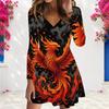 Women Plus Size V Neck Long Sleeve Cat Printed Grey Checkerboard A Line Dress