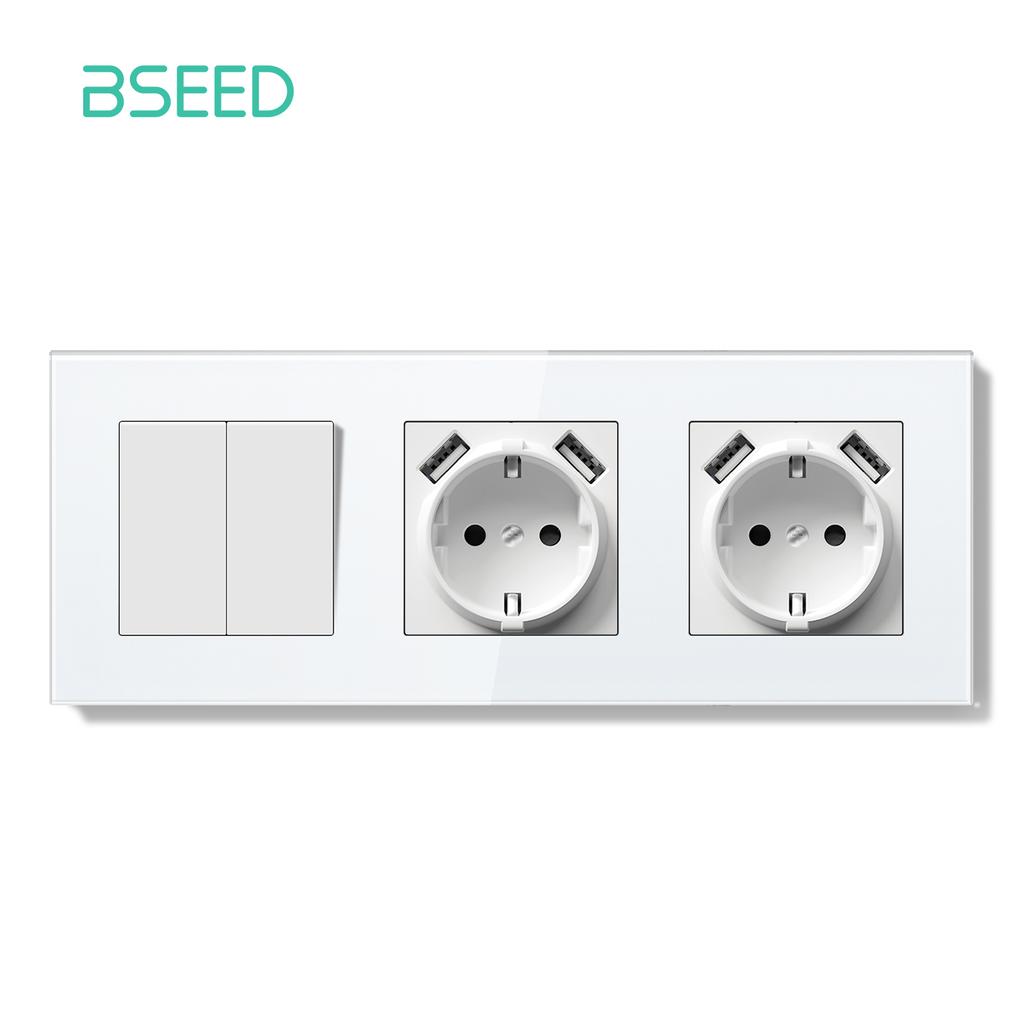 BSEED Switch Light Switch White Glass Frame Wall Power Sockets USB-C Phone Charge E-Series EU Standard 2 Way