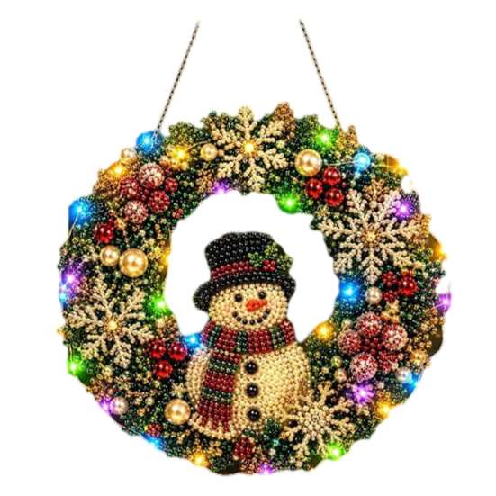 Handgefertigter festlicher Heimdekorations-Weihnachts-Diamantmalerei-Kranz-Bausatz mit LED-Lichterkette, Schneemann-Perlenkunst beleuchtete Türdekoration für Erwachsene,