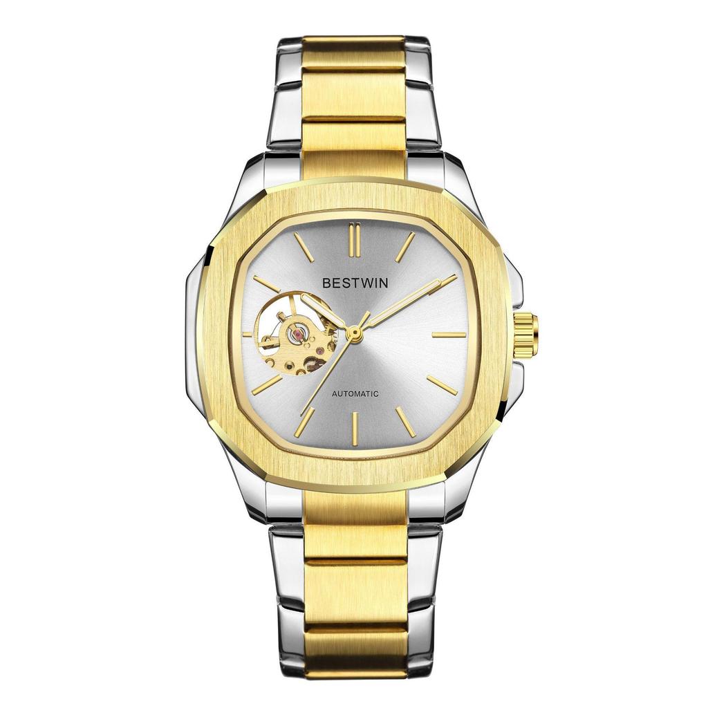 Fashion Bestwin Top Brand Men's Luxury Automatic Mechanical Watch Skeleton Design Full Stainless Steel Night Light Business