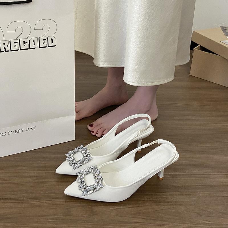 2025 new fairy purple bag head sandals high heels spring and summer pointed shoes thin heel French rhinestone single shoes