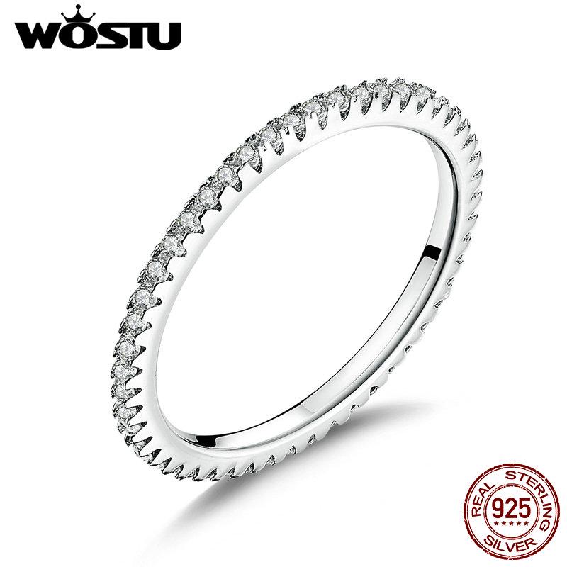 WOSTU Authentic 925 Silver Forever Clear CZ Circle Round Finger Rings Women Wedding Fine Jewelry Gift