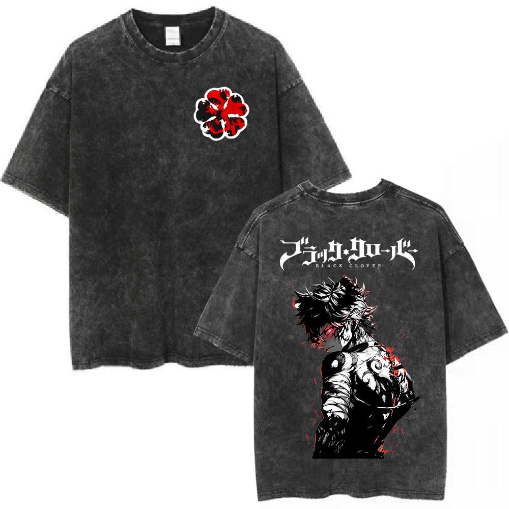 Vintage Gewaschen Anime Black Clover Asta T-Shirts Herren Damen Kleidung Mode T-Shirt Lässig Baumwolle Oversized Kurzarm T-Shirt