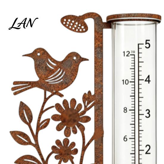 Decorative Bird And Flower Rain Gauge Outdoor, 7.8 Inch Gauges for Measuring Precipitation, Freeze Proof Artistic Metal Gauge, Vintage Garden
