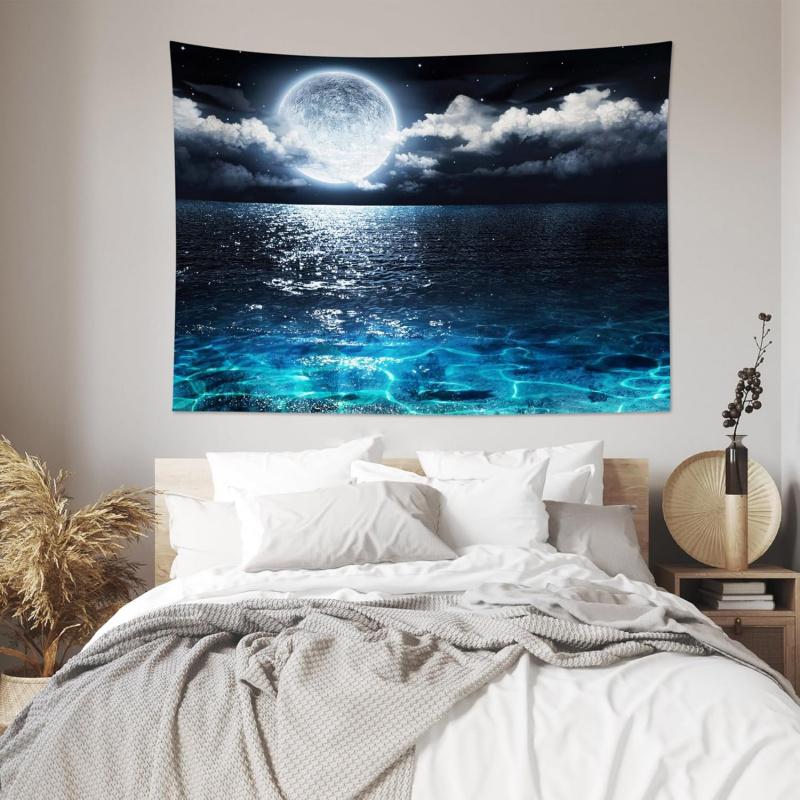 Sea Moonrise Tapestry Ocean Waves and Moonlit Night Living Room, Bedroom, Headboard Feature Wall Home Decor