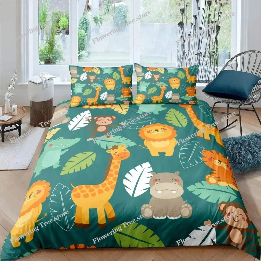 Cartoon Animals Duvet Cover Set King Size Savannah Tropical Forest Jungle Wildlife Bedding Set Kids Zoo Polyester Quilt Cover