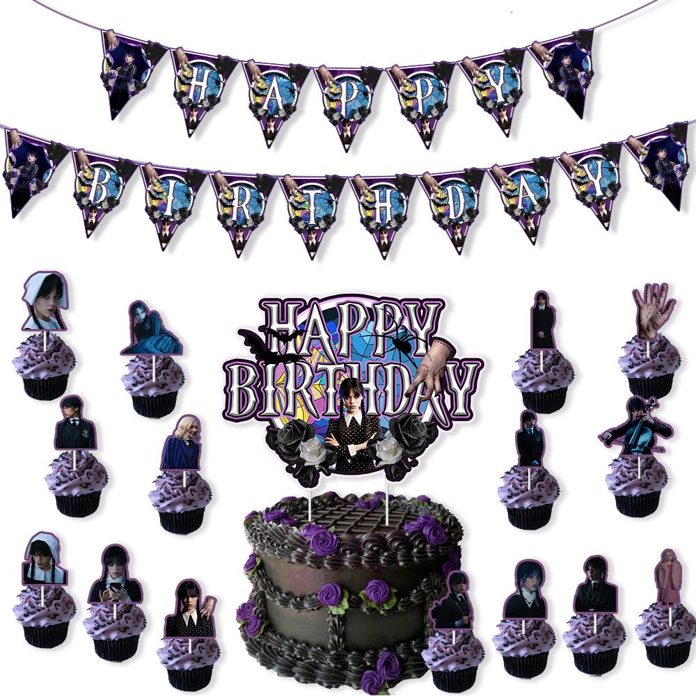 Rechizitele pentru petreceri de miercuri Addams includ banner, cupcake toppers, baloane