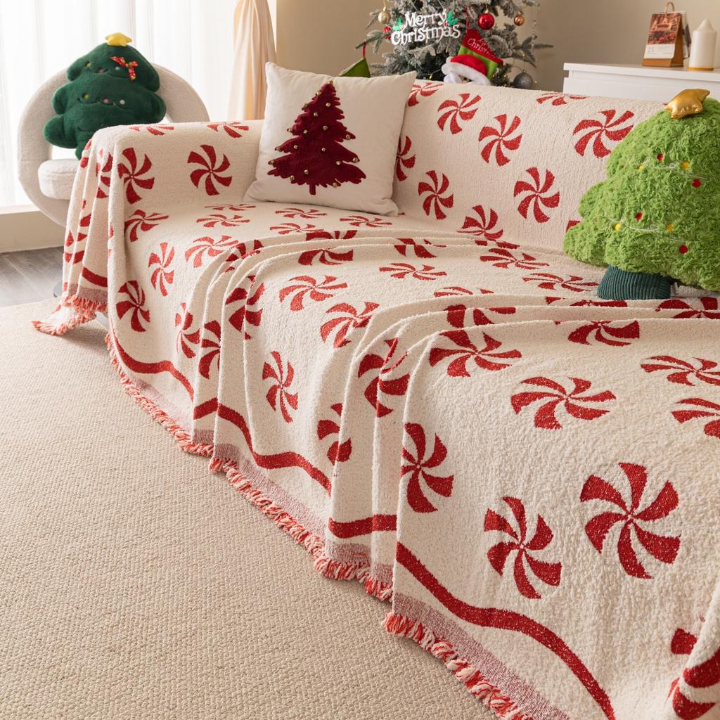 1pc Christmas Candy Fluffy Warm Sofa Towel with Tassels, Sofa Cover Blanket for Living Room - Cozy Throw Blanket for Couches