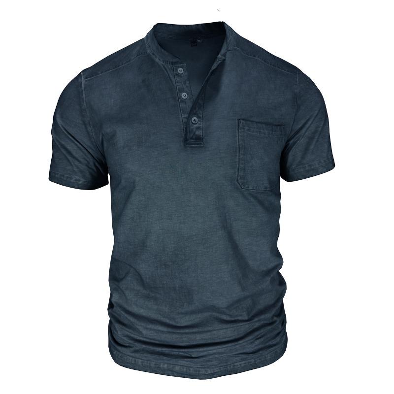 Men Black Washed Henley Neck Short Sleeve Chest Pocket Casual T Shirt