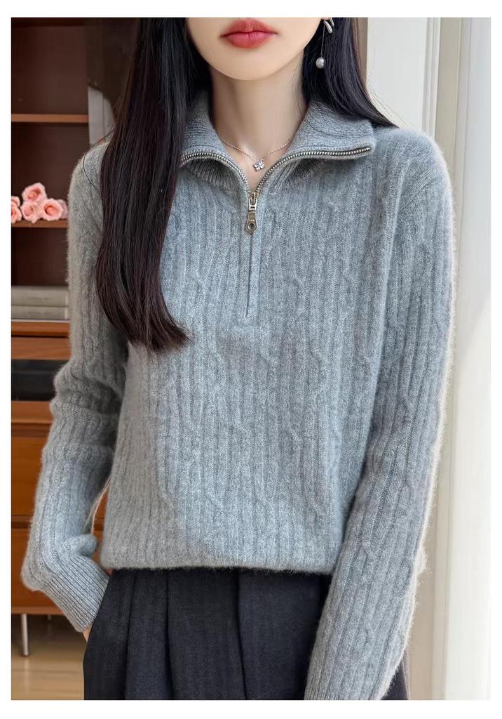 Women's Wool Half-Zip Lapel Sweater - Thick Knit Base Layer for Autumn & Winter