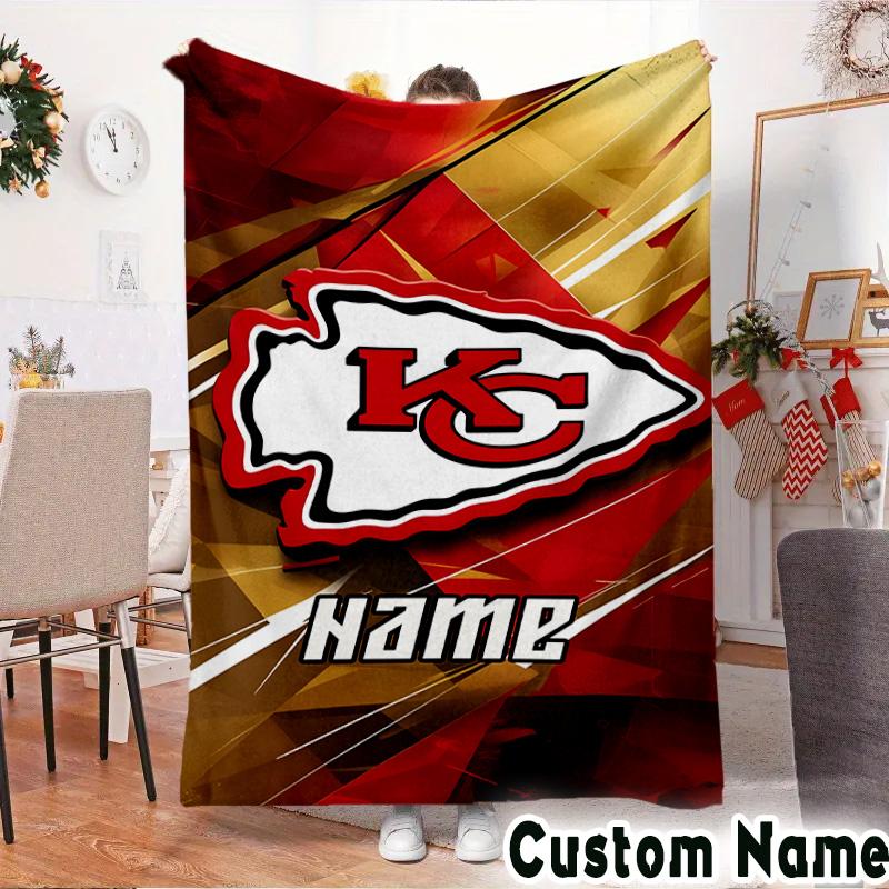 Custom Name Kansas City Chiefs Logo Throws Blanket Flannel Blankets for Couch Bed Gifts for Men Women Picnic Blanket Christmas Fan Gifts