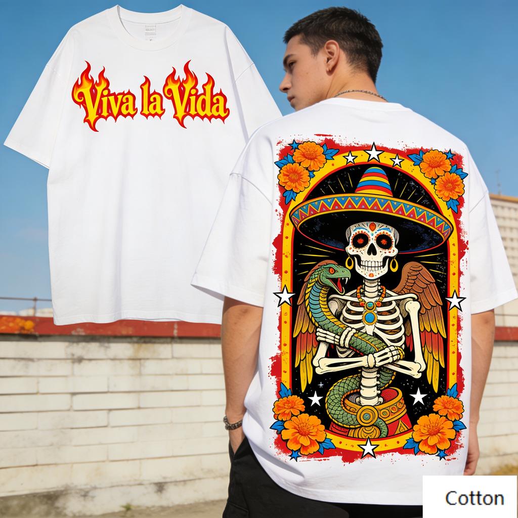 Edgy Viva La Vida Desert Skeleton Art Graphic TShirt Bold Flame Color Contrast Loose Fit Cotton Tee Aesthetic Unisex Top
