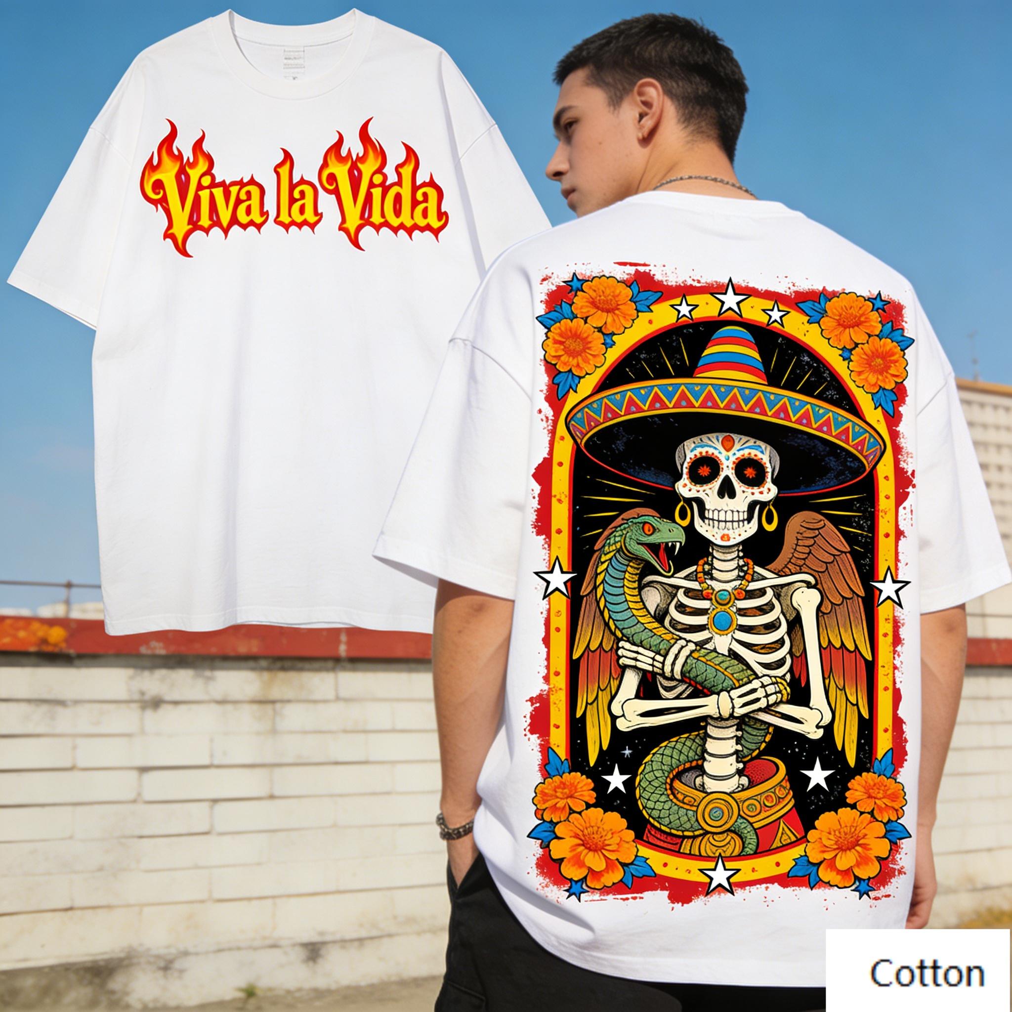 

Day of The Dead Sugar Skull Agave Plant Graphic TShirt Fiery Viva La Vida Lettering Print Pure Cotton Tee Mexican Folk 4XL