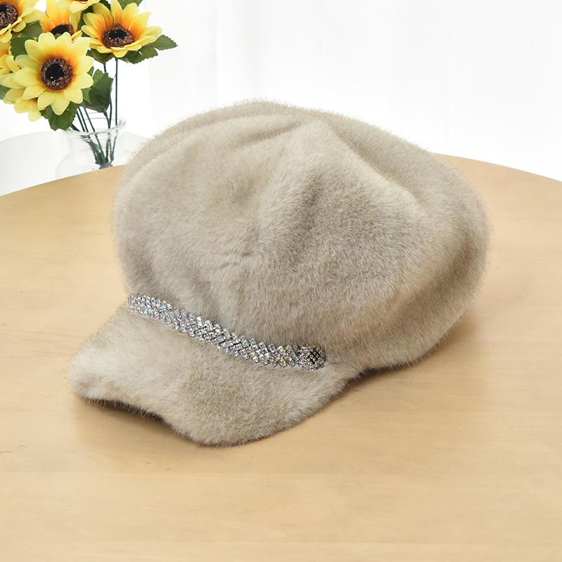Luxury Faux Mink Fur Beret with Visor for Women, Winter Double Warmth Cotton Lined Hat, Stylish Outdoor Peaked Beret