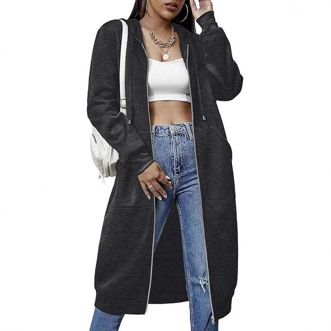 Women's Hooded Long Zip-Up Coat In 15 Colors