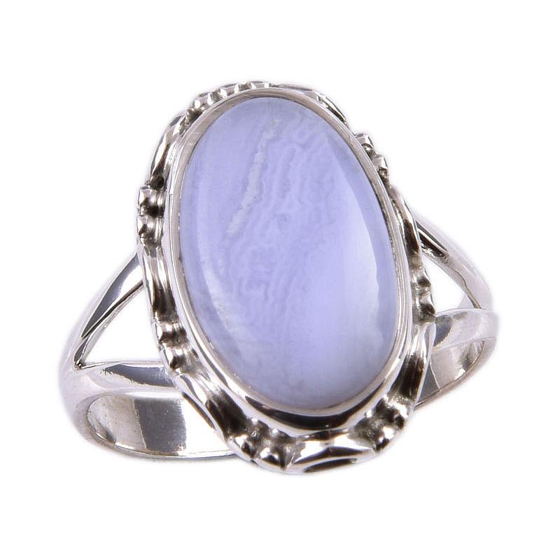 Natūralus mėlynas nėriniuotas agatas brangakmenis 925 prabos sidabro papuošalas žiedas S.8 Z7W61