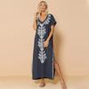 Summer Beach Dress Indie Folk  Side Slit Casual Long Dress Women Swimwear Cover Up Embroidered V Neck Short Sleeve