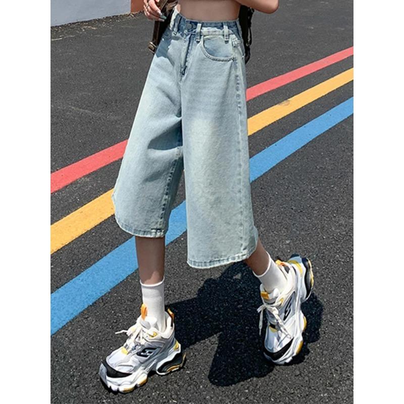 Dámské letní americké vintage pytlovité džínové zkrácené kalhoty, dámské vysoké pasové prané široké džíny, světle modré volné kraťasy do A