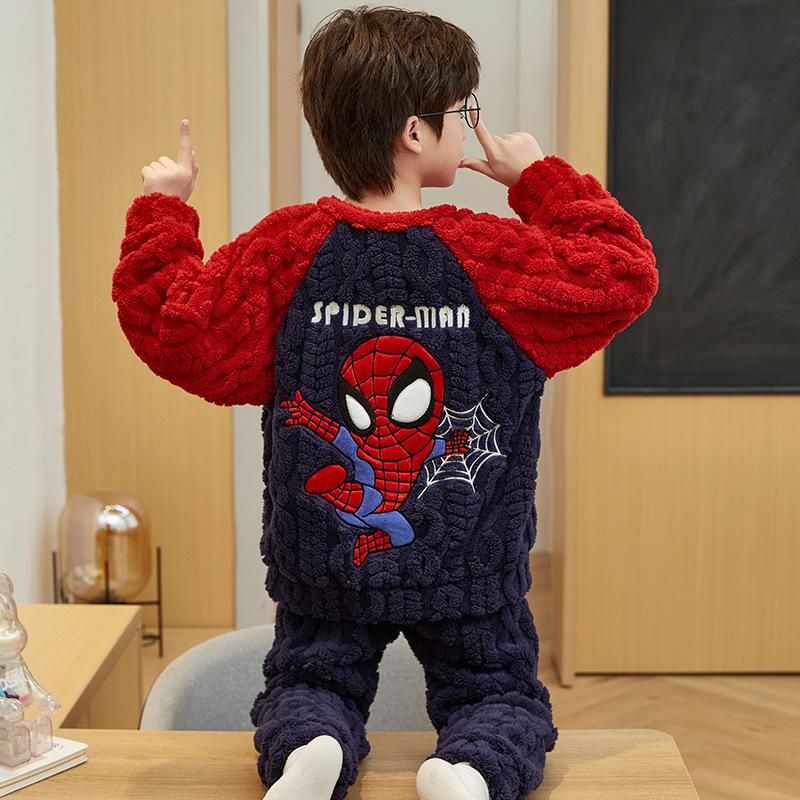 Kids Flannel Pajamas Set Boys Girls Warm Long Sleeve Top And Pants Sleepwear Winter Home Nightwear