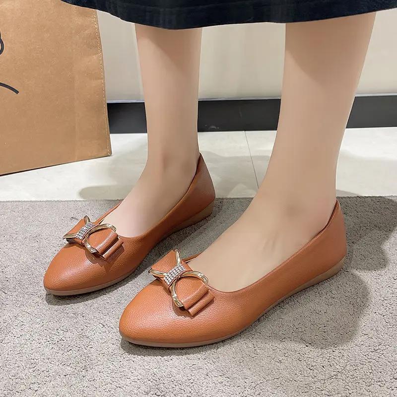 Fashion Women's Flat Shoes Low Heel Elegant Ladies Footwear Pointed Toe with Bow Chic Point Non Slip Comfortable Luxury Brand Dress On