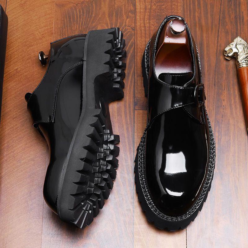 New Thick-Soled British Style Casual Wedding Leather Glossy Slip-On Height-Increasing Men's Formal Business Monk Shoes
