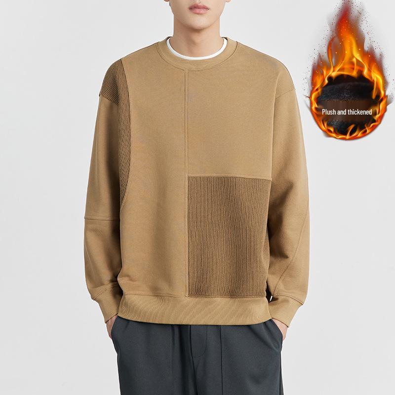 Men s Apricot Round-Neck Fleece Sweatshirt, High-End, Trendy, Slightly Loose, 2025 Spring/Autumn Style Large