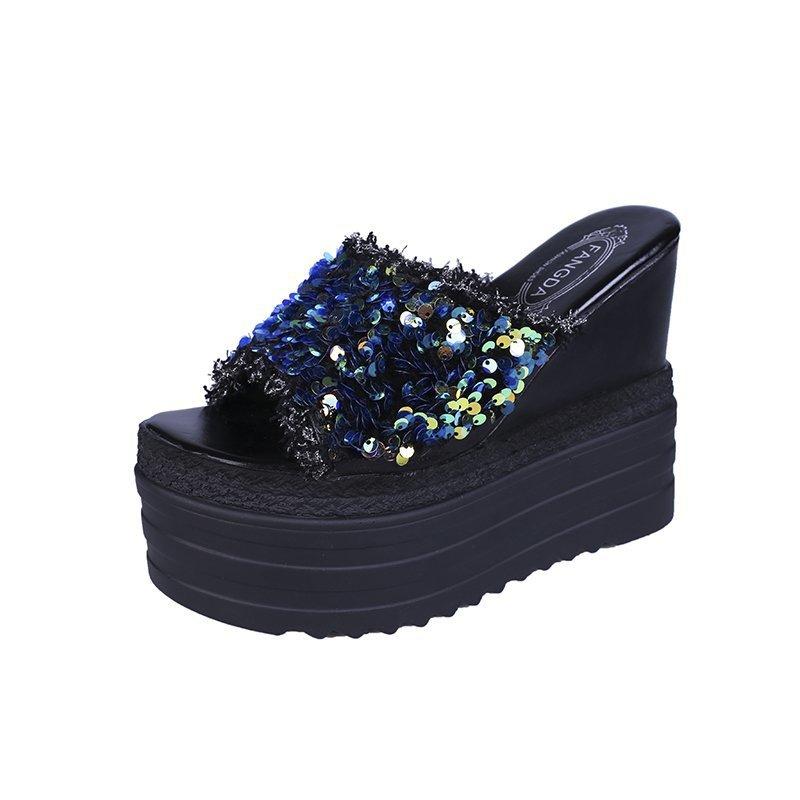 Women's Fashion Platform Slippers Designer Wedge Sandals Elegant Sequins Summer Party Shoes