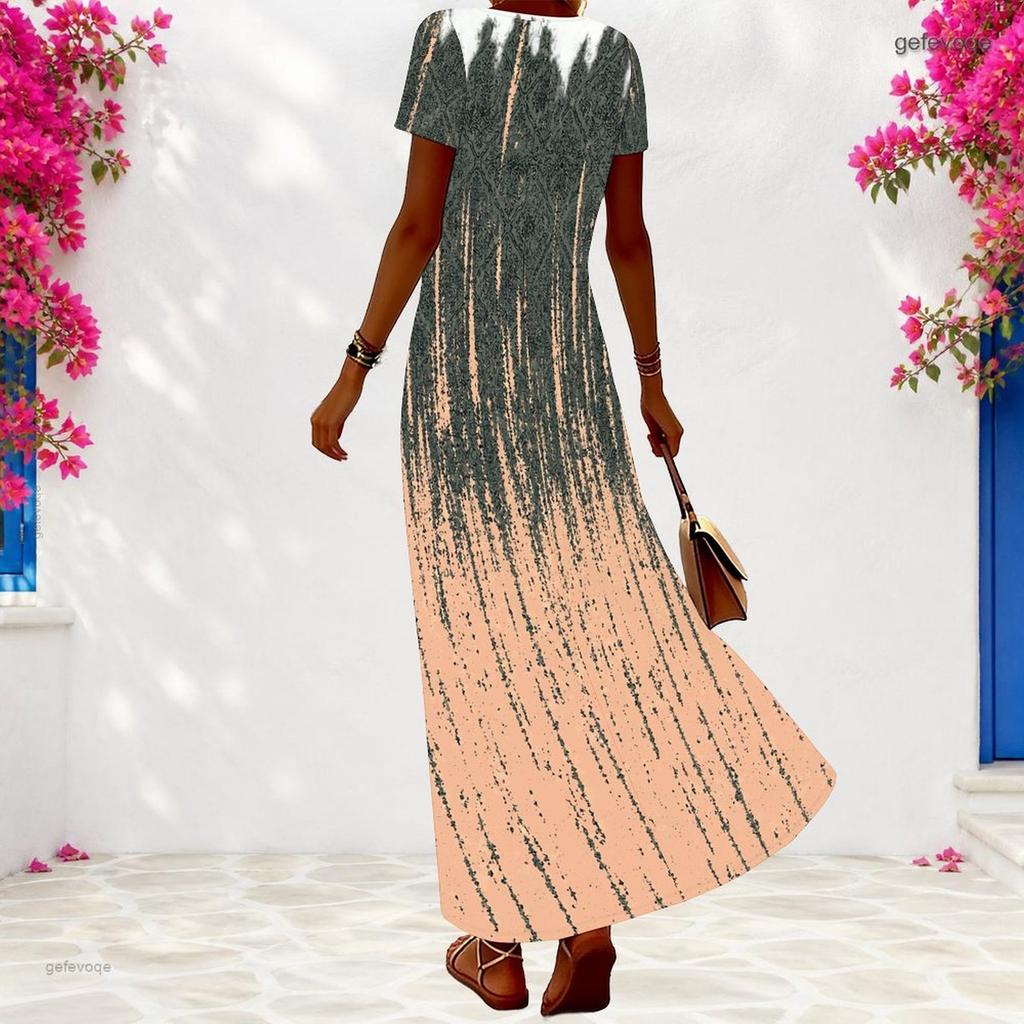 Women Plus Size V Neck Short Sleeve Abstract Printed Long Dress