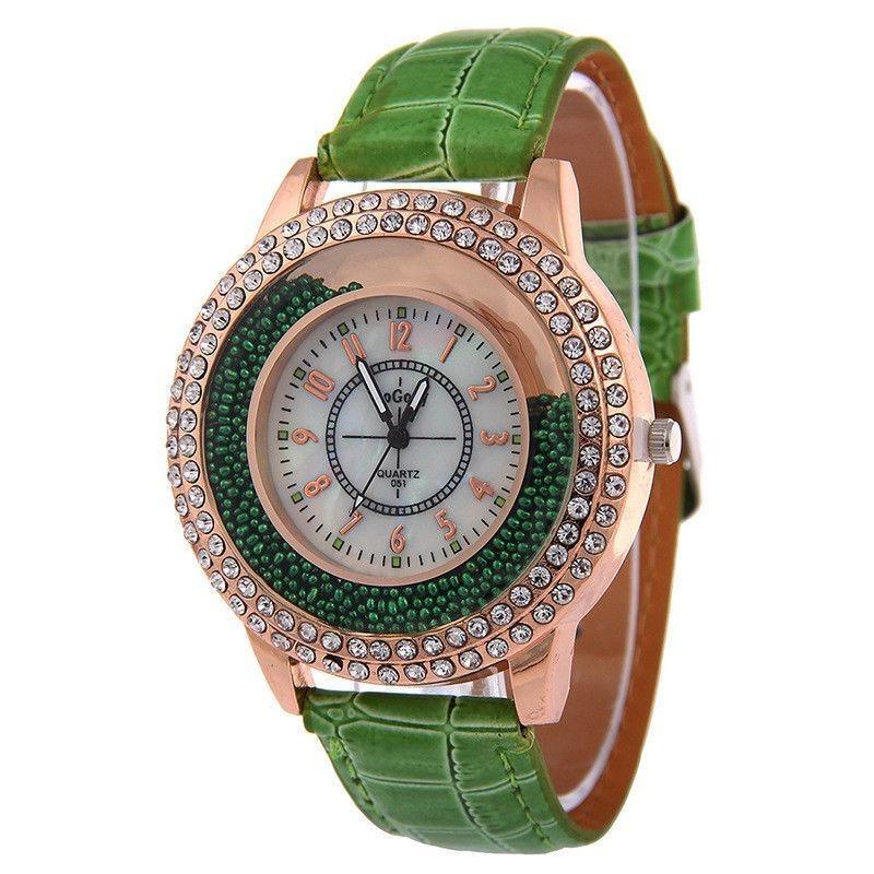 Fashionable Women's Quartz Watch With Rhinestones And Faux Leather Strap