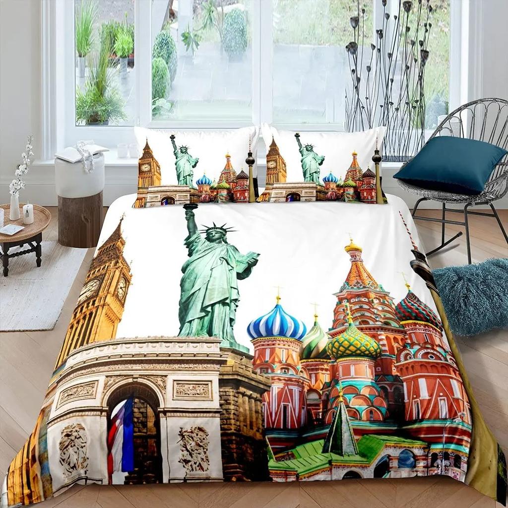 Freiheitsstatue Bettbezug-Set Weltberühmtes Gebäude Bettwäsche-Set für Jungen Mädchen Mikrofaser New York Wahrzeichen Bettdeckenbezug