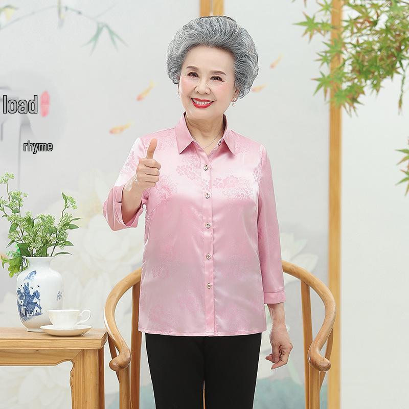 

2026 Chiffon Seven-Sleeve Top for Middle-Aged and Elderly Women, Summer Satin Shirt for Moms and Grandmas 4XL (recommended 67.5-75 kg) рожевий