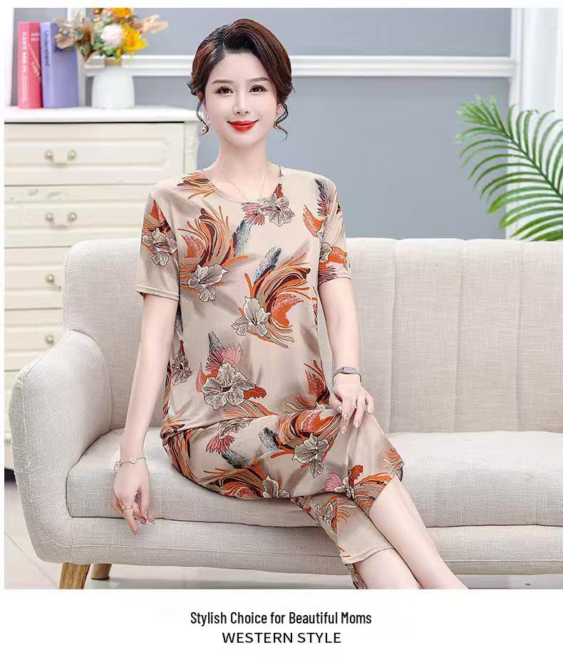 Women's Plus Size Ice Silk Pajama Set: Casual Short Sleeve Two-Piece for Middle-aged and Elderly Moms