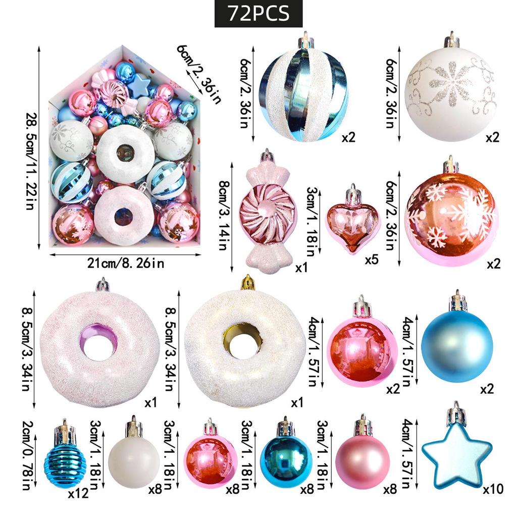 72-Piece Christmas Tree Decorations Set: Houses, Gift Boxes, Snowmen, Sleigh, and Painted Plastic Ornaments