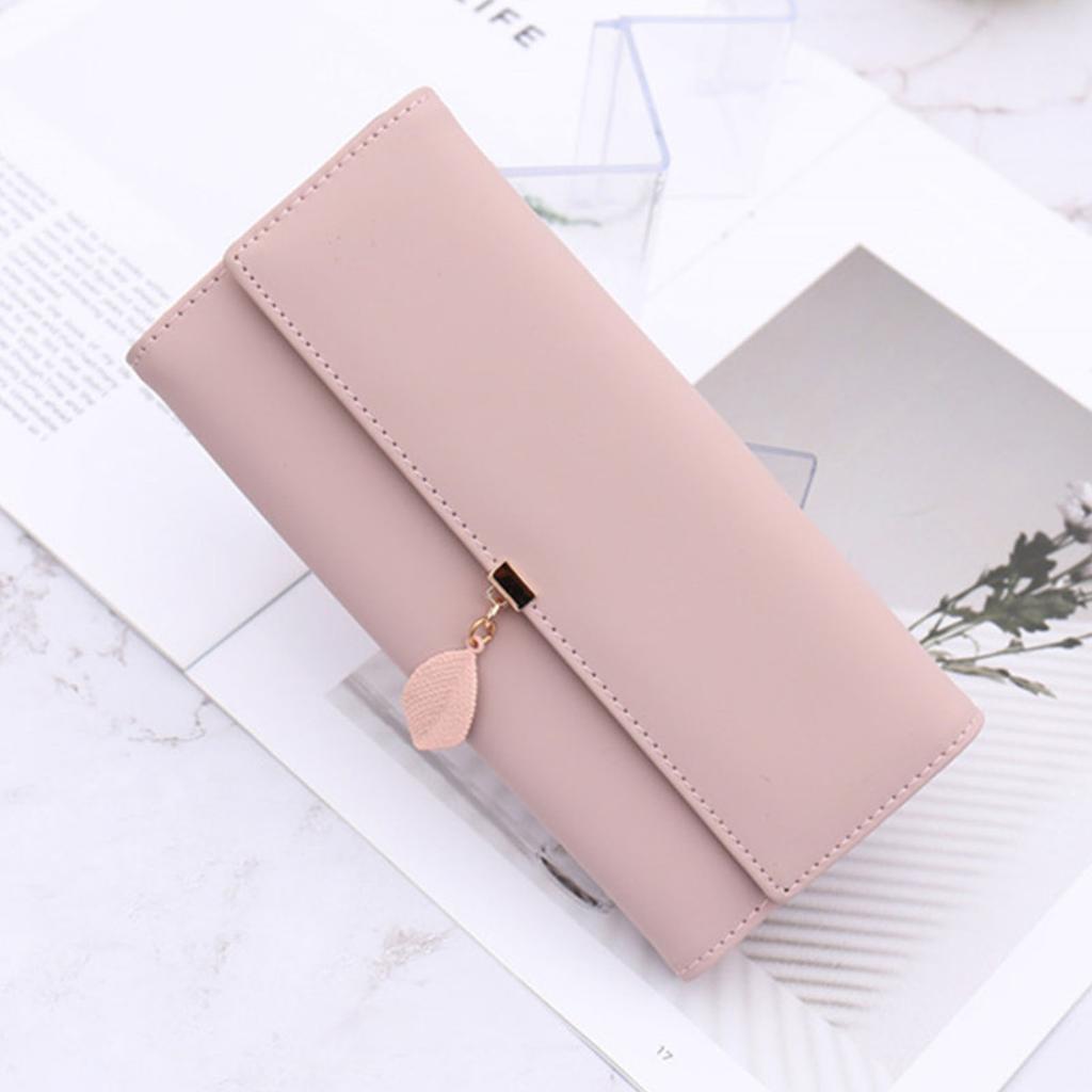 Women Wallet Long Wallet Trifold PU Large Capacity with Leaf Pendant Portable Card Holder Wallet
